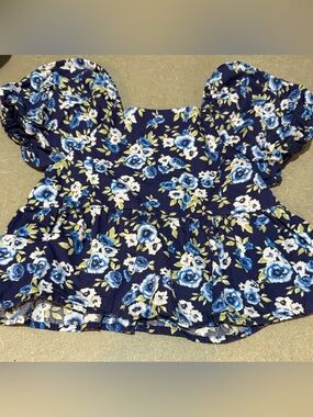 Girls Navy Floral Peplum Top with Puff Sleeves